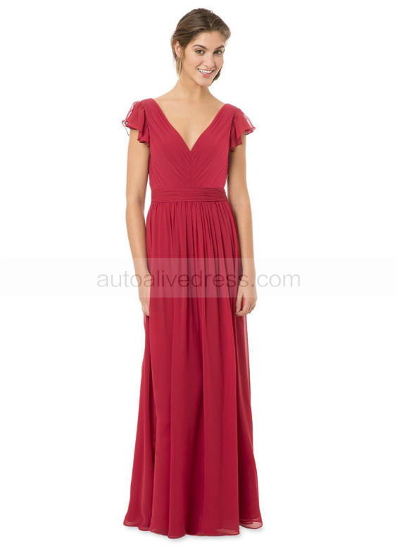 Slim V Neck Burgundy Pleated Chiffon Bridesmaid Dress With Sash